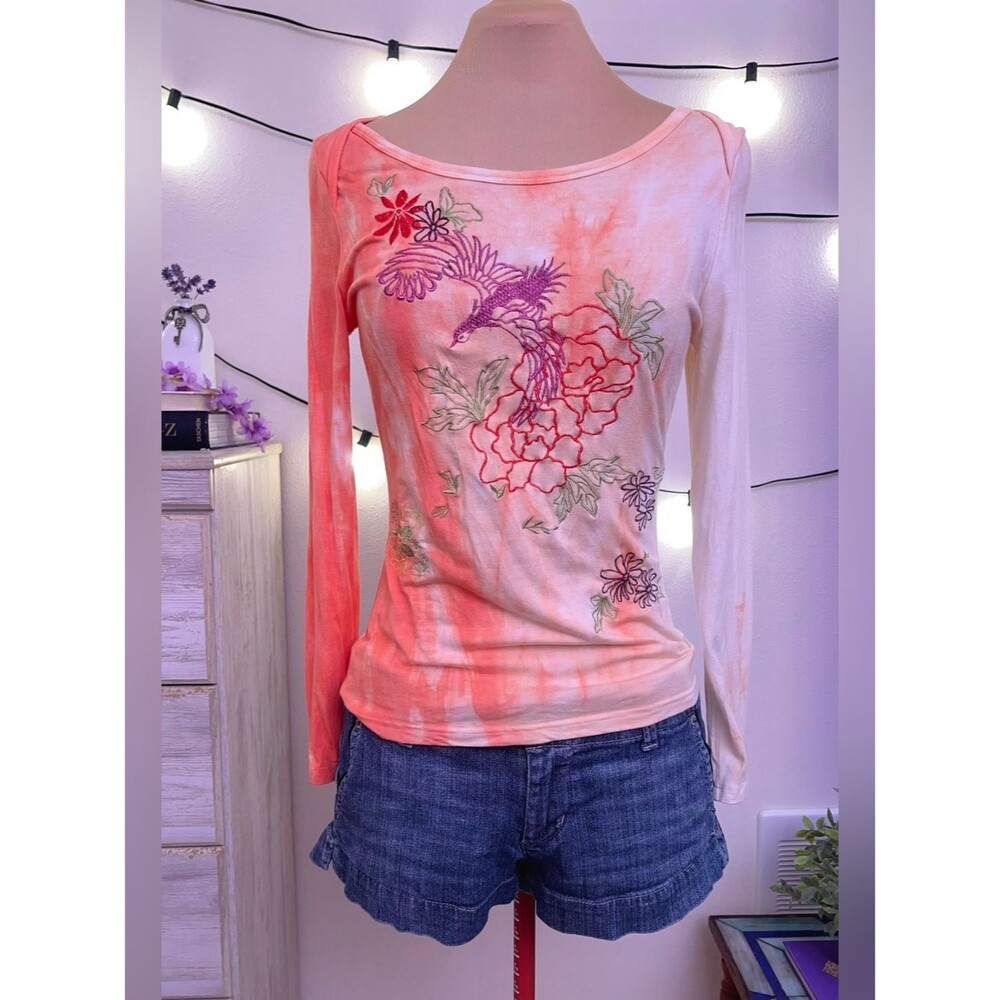 Y2K Casual Freedom Sz M Phoenix Embroidered Coral Pink Tie Dye Top Whimsy Grunge
